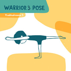 Yoga Concept. Warrior III Pose. Virabhadrasana III. Cartoon character practicing Hatha yoga. Vector flat hand drawn illustration