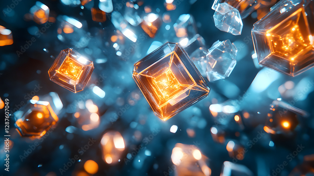 Poster floating shiny cubes in the air creating an abstract three-dimensional composition