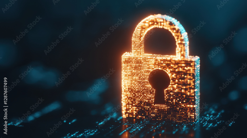 Poster glowing digital padlock symbolizes security and encryption in technology