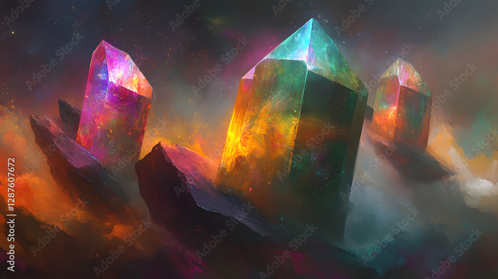 Poster colorful abstract painting featuring three distinct crystals in various shapes and sizes on a textur
