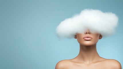 Beautiful young woman with white cloud engulfing her head. Studio shot on blue background.
