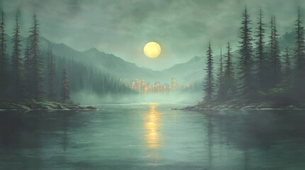 A tranquil moonlit lake surrounded by tall pine trees and misty mountains. The glowing full moon casts a golden reflection on the water, creating a mysterious and calming nighttime ambiance. - Powered by Adobe