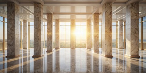 Sunlit Grand Hall with Marble Columns and Expansive Windows Offering Scenic Views