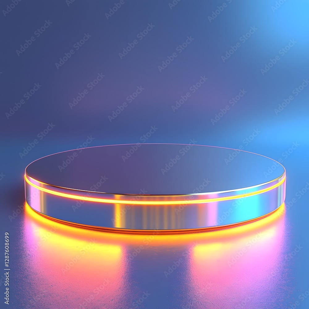 Poster futuristic glowing metallic platform hovering against gradient blue background for product presentat
