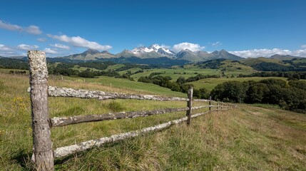 Mountain vista with wooden fence. Scenic landscape with green fields and mountains. Outdoor view.  Possible use for desktop wallpaper or nature-themed postcards.