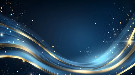 Fototapeta premium Blue luxury background with golden line, blue curve, shiny dots and glitter light effect.