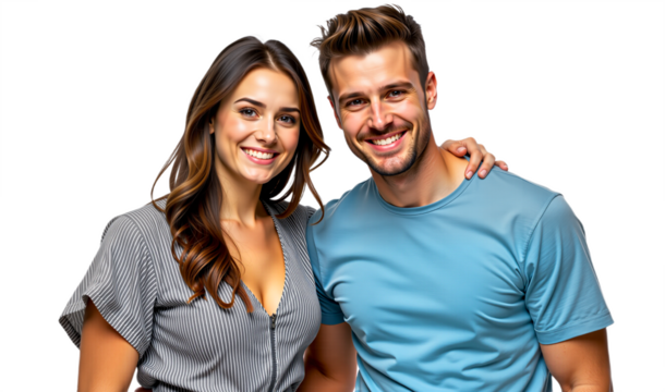 Happy young couple portrait isolated on transparent background. Smiling woman and man hugging. Ideal for love, relationship, lifestyle, or dating themes.