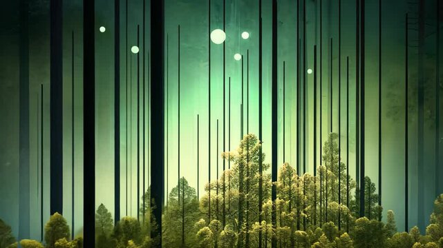 Business growth illustrated through a bar chart rising above a lush forest landscape with glowing nodes shining against the twilight sky