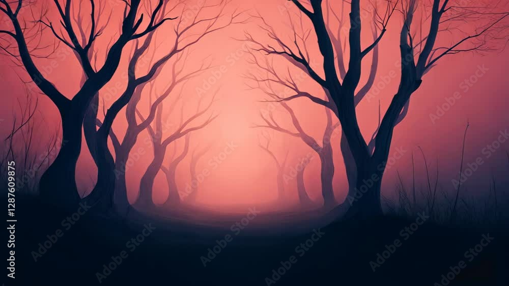 Poster mystical dark forest with foggy path and silhouetted trees in mysterious atmosphere for fantasy and 