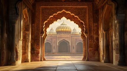 Ancient Indian architecture with an ornate golden archway, intricate carvings, and Mughal-inspired design

