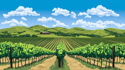 Fototapeta premium Serene Vineyard Landscape Rolling Hills Lush Grapevines Sunny Sky