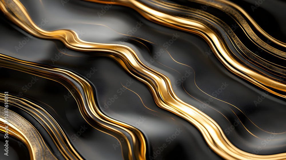 Poster black and gold abstract background with wavy lines in smooth flowing design