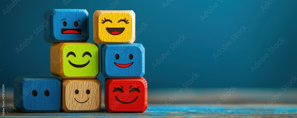 Poster a colorful stack of cheerful wooden blocks with smiling faces, creating a playful and joyful atmosph