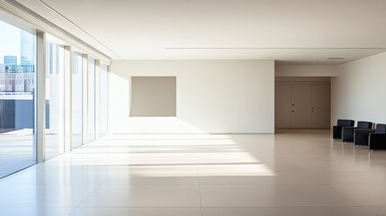 Modern empty interior space with large windows and minimal furniture in city location