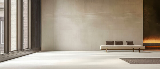 Fototapeta premium Modern minimalist interior design featuring a cozy sofa and large windows in a spacious room