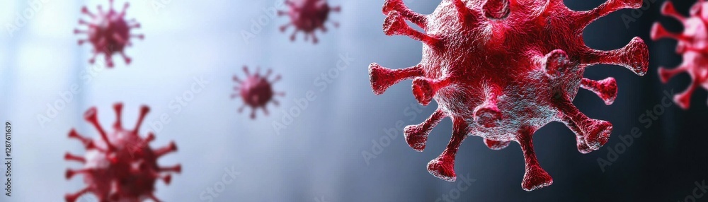 Aufkleber a close-up view of red virus particles against a blurred background, emphasizing their structure and
