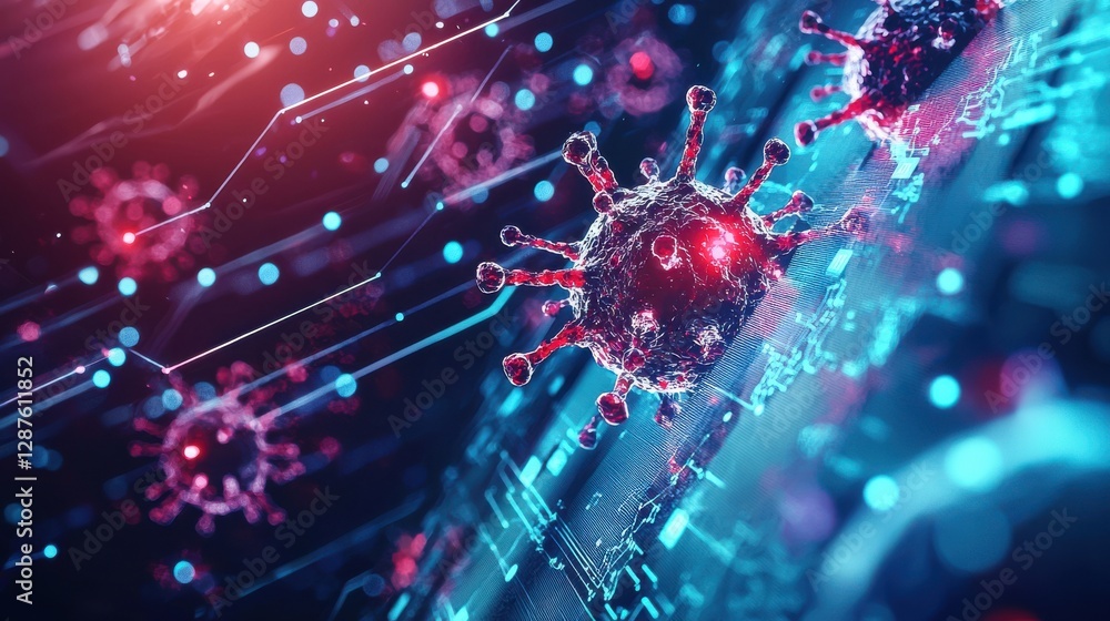 Poster a vibrant digital representation of viruses, showcasing intricate structures with glowing elements a