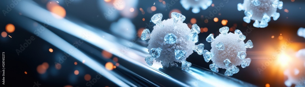 Poster a digital illustration of virus particles floating in a dynamic, illuminated environment, emphasizin