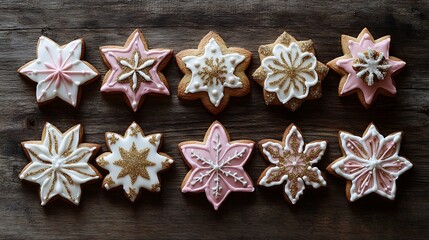 Star-shaped Christmas cookies with snowflake designs, gingerbread, and royal icing on a rustic wooden background

