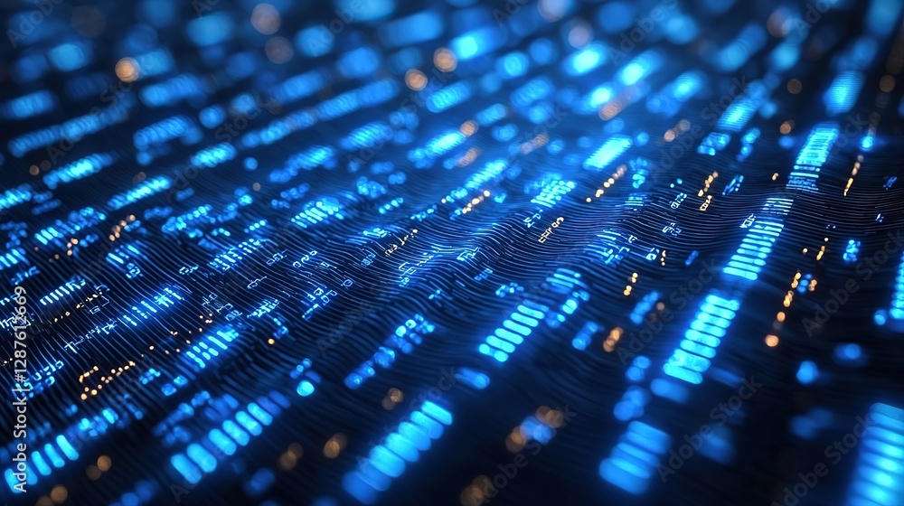 Poster data of crypto waves. 3d illustration of wavy lines in the information code field. data flow cyber c