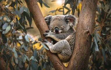 Fototapeta premium Professional stock photo of a Sleepy koala clinging to a tree branch in a eucalyptus forest