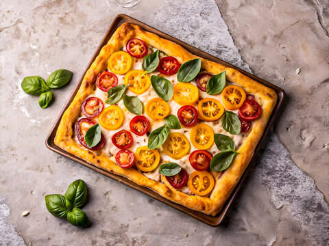 Tasty Fresh Rectangular Pizza with Tomato and Basil. Delicious Food background