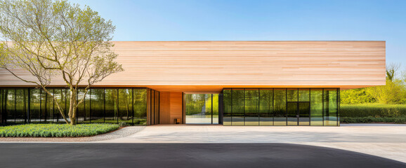Obraz premium Modern architecture showcases large glass windows and wooden exterior in a serene environment