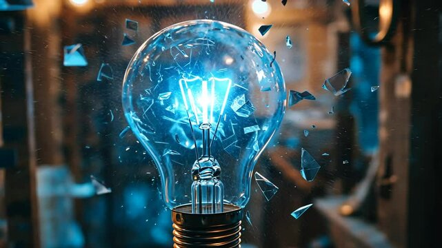 A brightly lit light bulb shattering with shards of glass radiating outwards against a blurred backdrop.