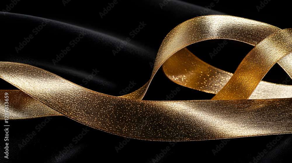 Poster gold ribbon placed elegantly on a smooth black background creating a striking visual contrast