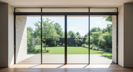 Fototapeta premium Interior view through large glass doors towards the backyard
