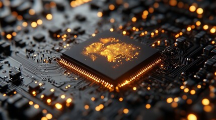 close up of computer circuit board 3d render illustration. Advanced Tech Semiconductor with Electric Pathways - Digital Innovation 3d illustration. High-Performance Processor Chip with Glowing Lights 