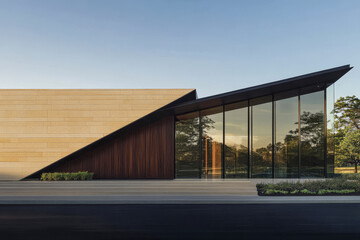 Obraz premium Modern architectural design showcases sharp angles and reflective surfaces in a serene setting