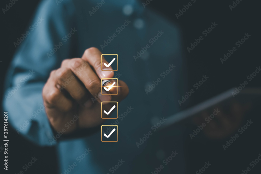 Poster digital and smart checklist document concept . businessman using online survey filling out, digital 