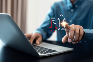 Cost and Quality control, business strategy and project management concept. Person touching concept. Successful corporate strategy and management.