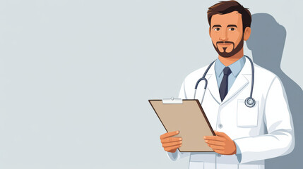 Fototapeta premium confident male doctor in white coat holds clipboard, ready to assist patients. illustration conveys professionalism and care in healthcare setting