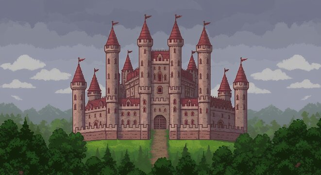 Detailed pixel art depiction of a grand medieval castle