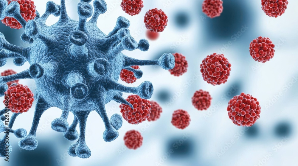 Poster a colorful depiction of a virus particle surrounded by smaller viral entities, illustrating the comp