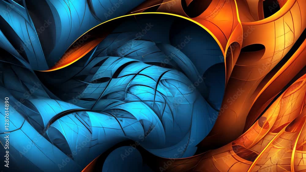 Poster fractal patterns display electric blue and fiery orange hues blending harmoniously in a mesmerizing 