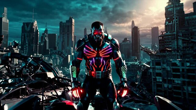 A cybernetic combat gorilla, partially metallic with glowing neon veins pulsating electric currents, stands on a retro car. Its red eyes focus