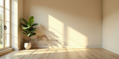 Fototapeta premium Sunlit Room Corner with Plant and Damaged Wall
