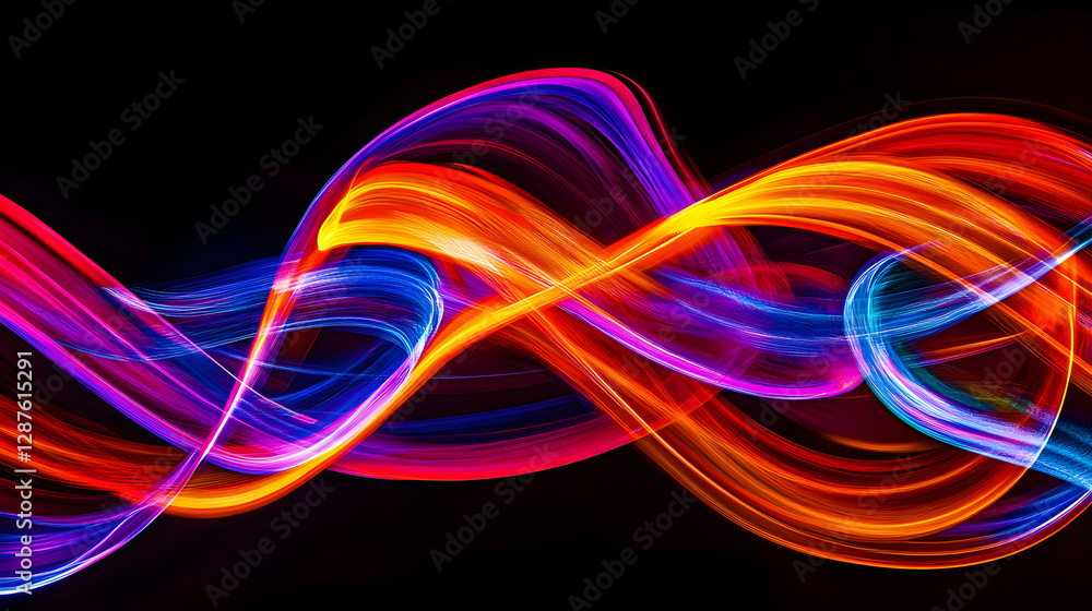 Poster colorful wave of light patterns flowing on a black background creating an abstract design