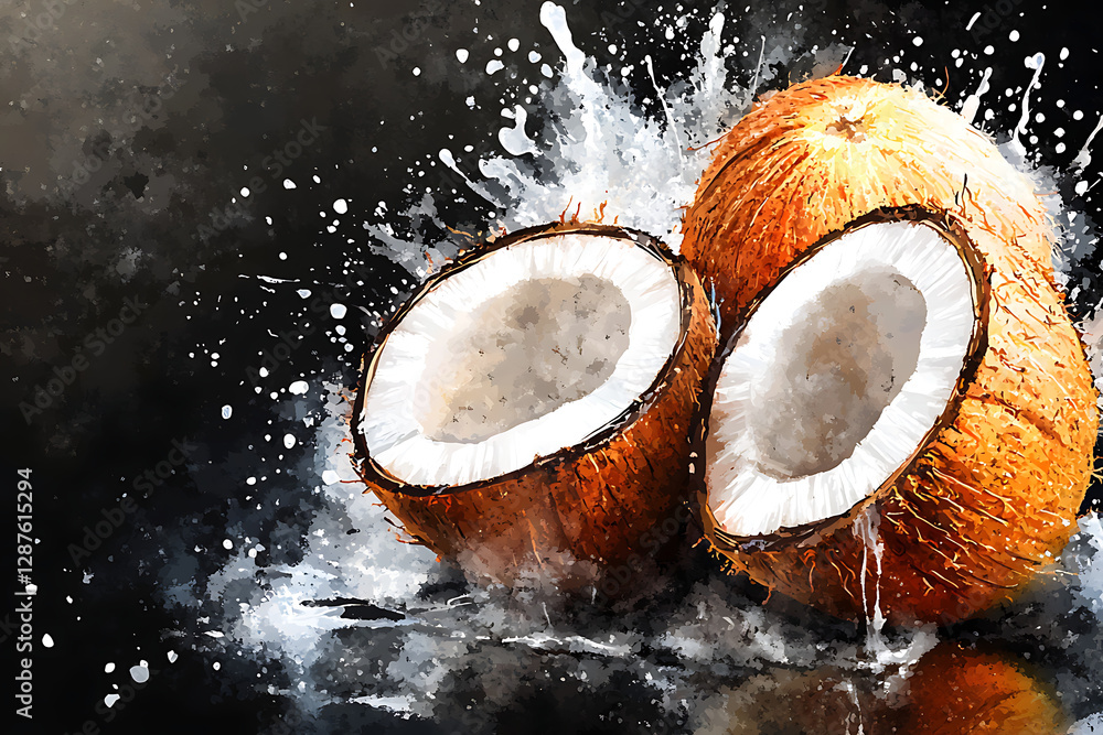 Poster two halved coconuts with splashes of water on a dark background.
