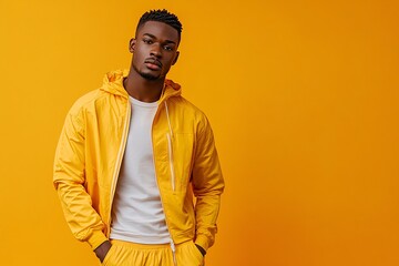 Obraz premium Young man wearing a yellow jacket looking directly at the camera