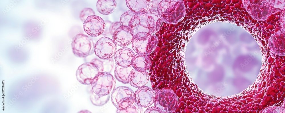 Poster the image depicts a close-up view of cells, showcasing a vibrant pink hue and a network of intricate