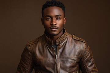 A handsome man with a leather jacket looking directly at you