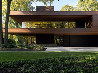 Fototapeta premium Modern architectural design featuring sleek lines and large windows in a serene landscape