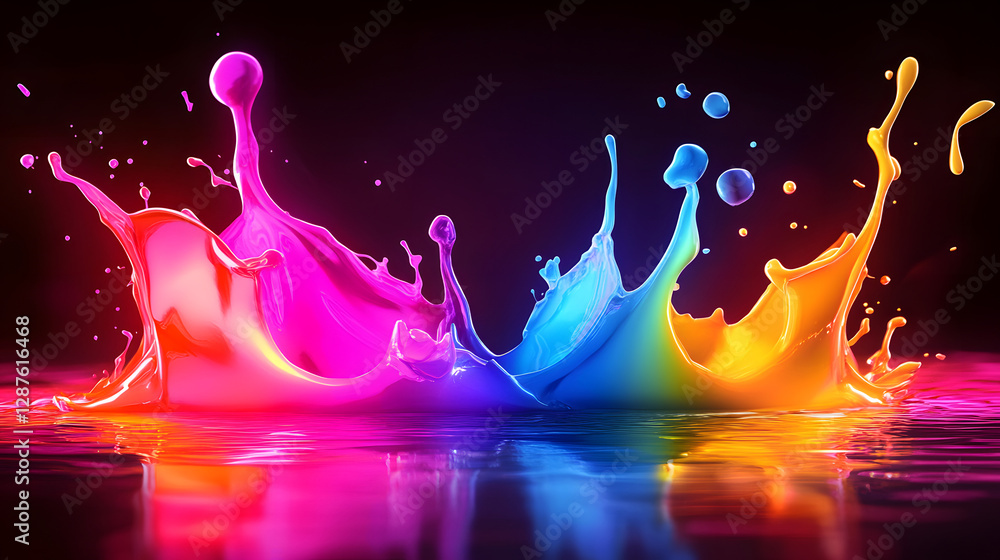 Poster colorful paint splashes creating abstract patterns in water surface with vibrant hues and dynamic mo