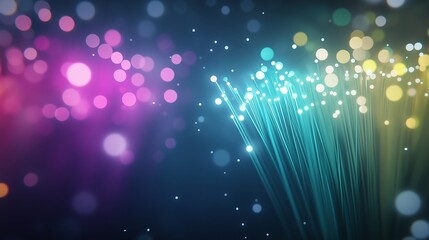 Vibrant neon fiber optic cables move rapidly, creating abstract patterns with multicolored lights against a dark backdrop, showcasing an electrifying visual effect