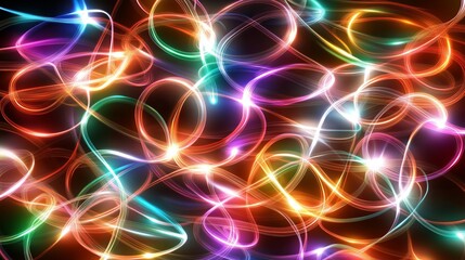 Vibrant neon fiber optic cables move rapidly, creating abstract patterns with multicolored lights against a dark backdrop, showcasing an electrifying visual effect