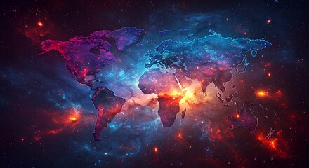 Earth continents outlined with cosmic nebula and starry background